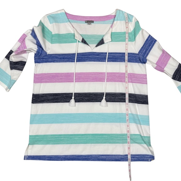 T by Talbots Large Brush Stripe Tassel Split Neck Pullover 3/4 Sleeves Beach - Picture 11 of 11